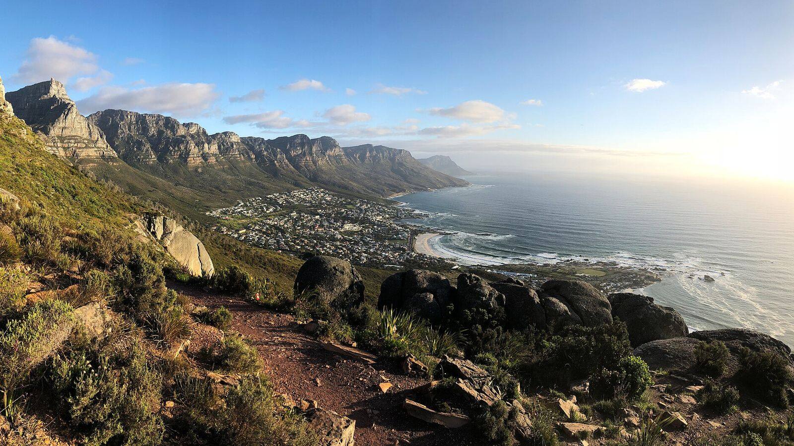 Het witte strand van Camps Bay met palmbomen en de Twaalf Apostelen op de achtergrond