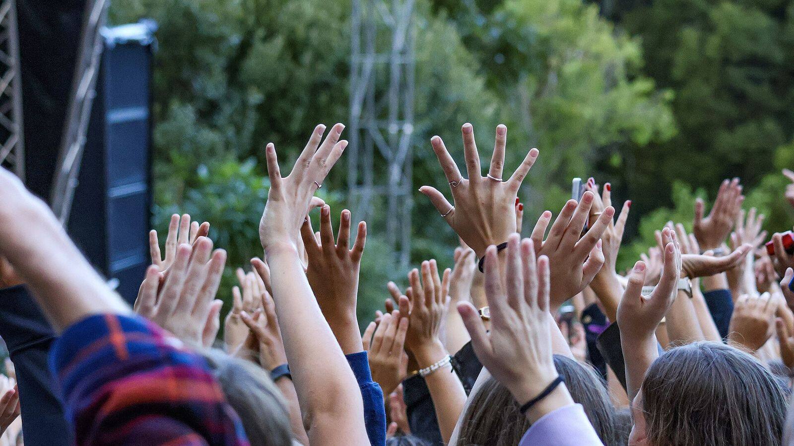 Publiek op het gras tijdens een zomerconcert in Kirstenbosch bij zonsondergang